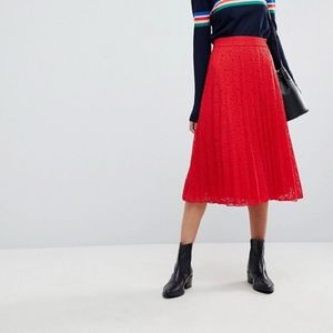 NWT ASOS pleated lace midi skirt in red